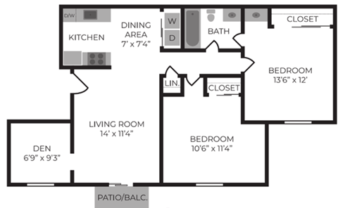 Floor plan for 2 beds, 1 bath, 800 sqft